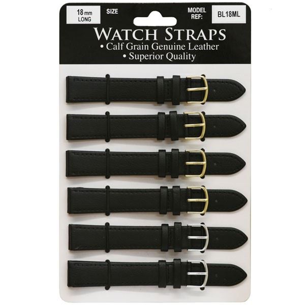 BLML Regular Black Leather Straps LONG card of 6 Available Size 12mm To 24mm