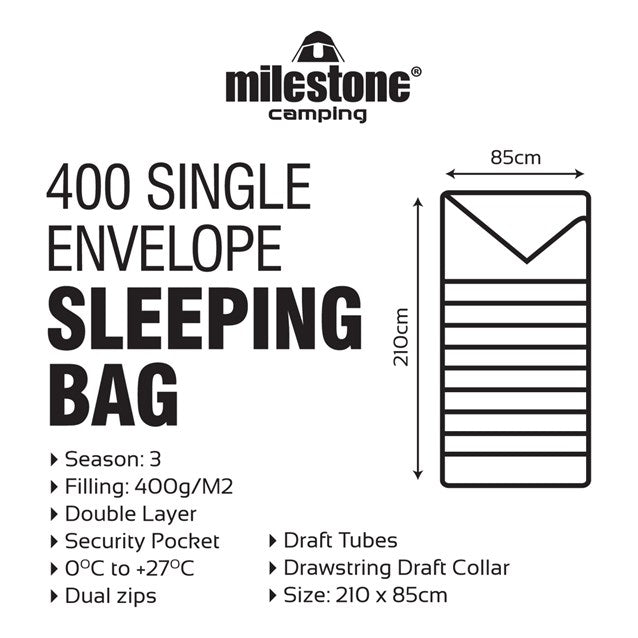 Milestone Single Envelope Sleeping Bag - 400gsm - 3 Seasons (Carton of 6)