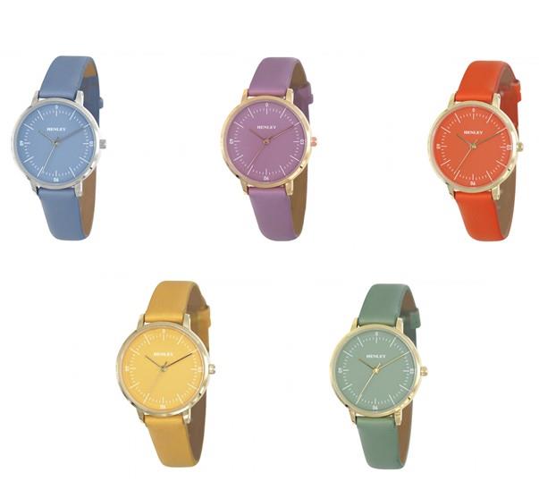 Henley Ladies Minimalistic Polished Round silver tone case Leather Strap Watch H06184 Available Multiple Colour