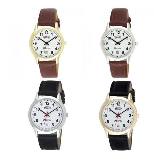 Ravel Mens Basic Day/Date Faux Leather Strap Watch R0706G