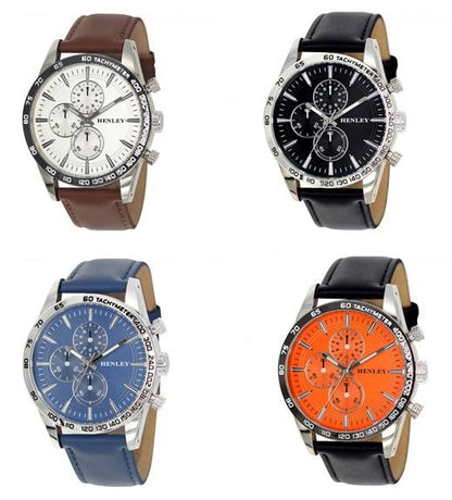 Henley Mens Fashion Polished Silver Sports Multi Eye Dial Leather Strap Watch H03016 Available Multiple Colour