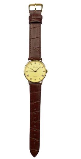 Pelex Mens Roman Number Gold Case Dial Brown Leather Strap Quartz Watch PLX-056 M832A