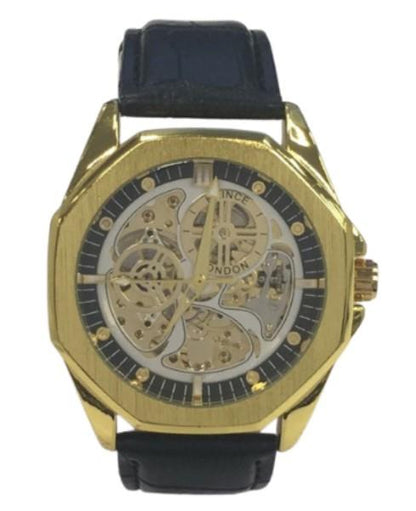 NY London Mens Automatic Dial Analogue Gold/White/Black Leather Strap Watch