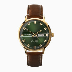 Sekonda Mens Originals Day Date Green Dial Gold Case & Brown Leather Strap Watch 1949