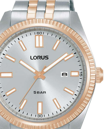 Lorus Mens Basic Fashion Date Grey Sunray Dial Two tone Rose gold and Silver Stainless Steel Bracelet Watch RH974QX9