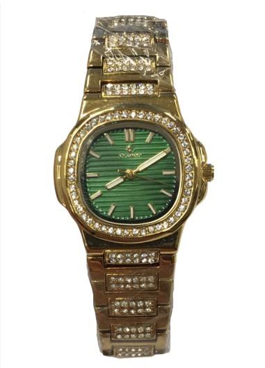Clasico Ladies Water Resistant Square Bling Green Dial Goldtone Metal Strap Bracelet Watch - CLEARANCE NEEDS RE-BATTERY