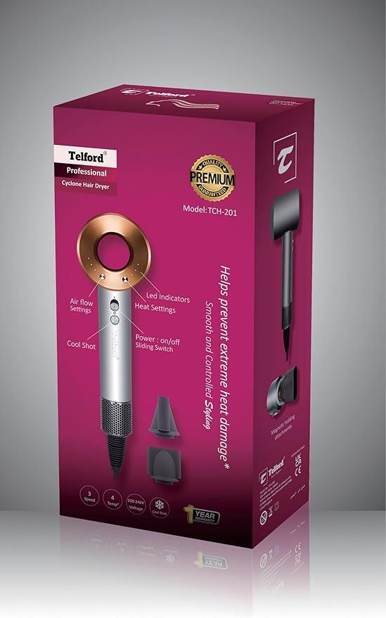 Telford Cyclonic Hair Dryer With Two Concentrator Nozzles - Silver