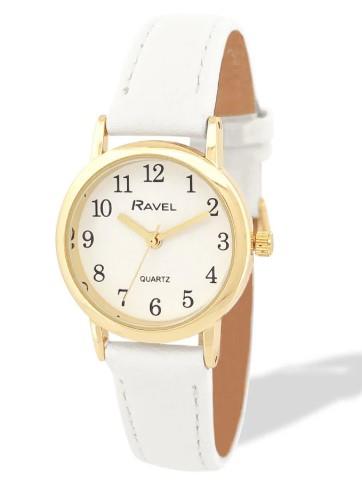 Ravel Ladies Basic Small Gilt Case White Dial Leather Strap Watch Available Multiple Colour
