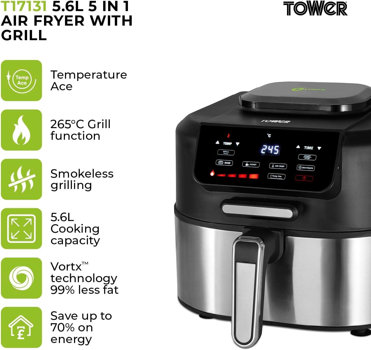 Tower Vortx 5 in 1 Air Fryer and Grill with Crisper 5.6L 1700W Black