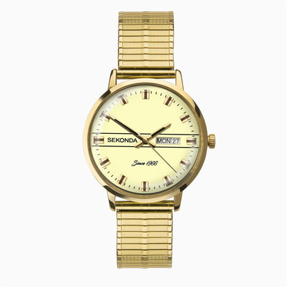 Sekonda Mens Day Date Cream Dial & Stainless Steel Gold Plated Expander Bracelet Watch 1952