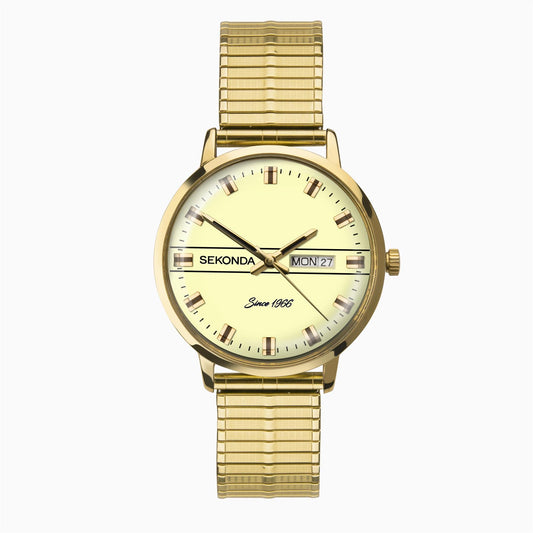 Sekonda Mens Day Date Cream Dial & Stainless Steel Gold Plated Expander Bracelet Watch 1952