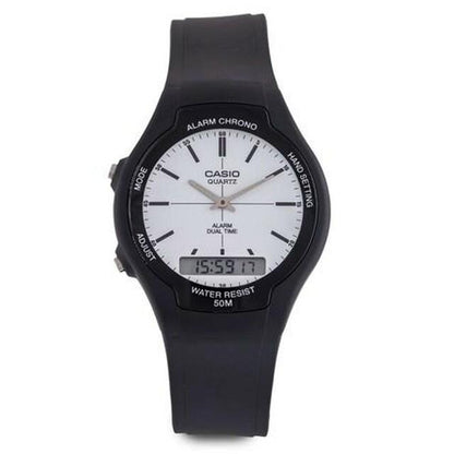 Casio Mens Dual Digital Time Black Rubber Strap Watch - AW-90H Available Multiple Colour