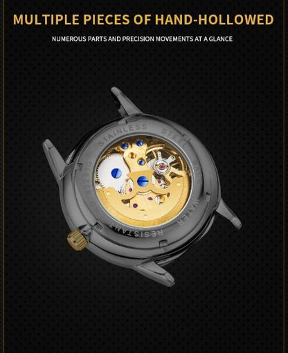 NY London Mens Automatic Hollow mechanical Dial Analogue Gold/Brown Leather Strap Watch