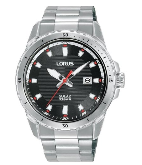 Lorus Mens Solar Black Sunray, Stainless Steel Elegant Sports Watch