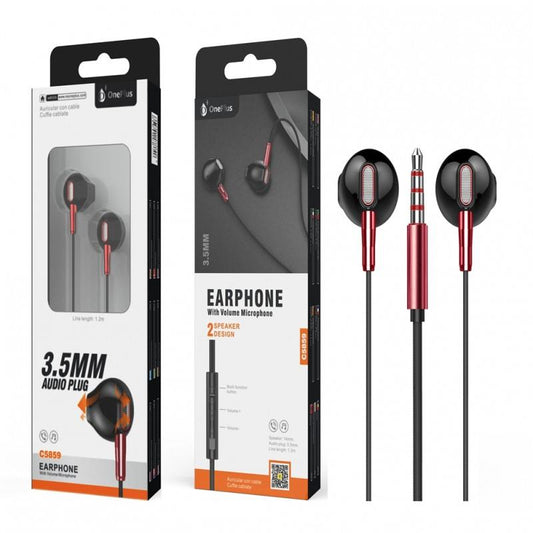 C5859 Stereo Earphone Skoll with 2 Exits & Mic, Multifunction Button & Volume Control,1.2M, Black+Red