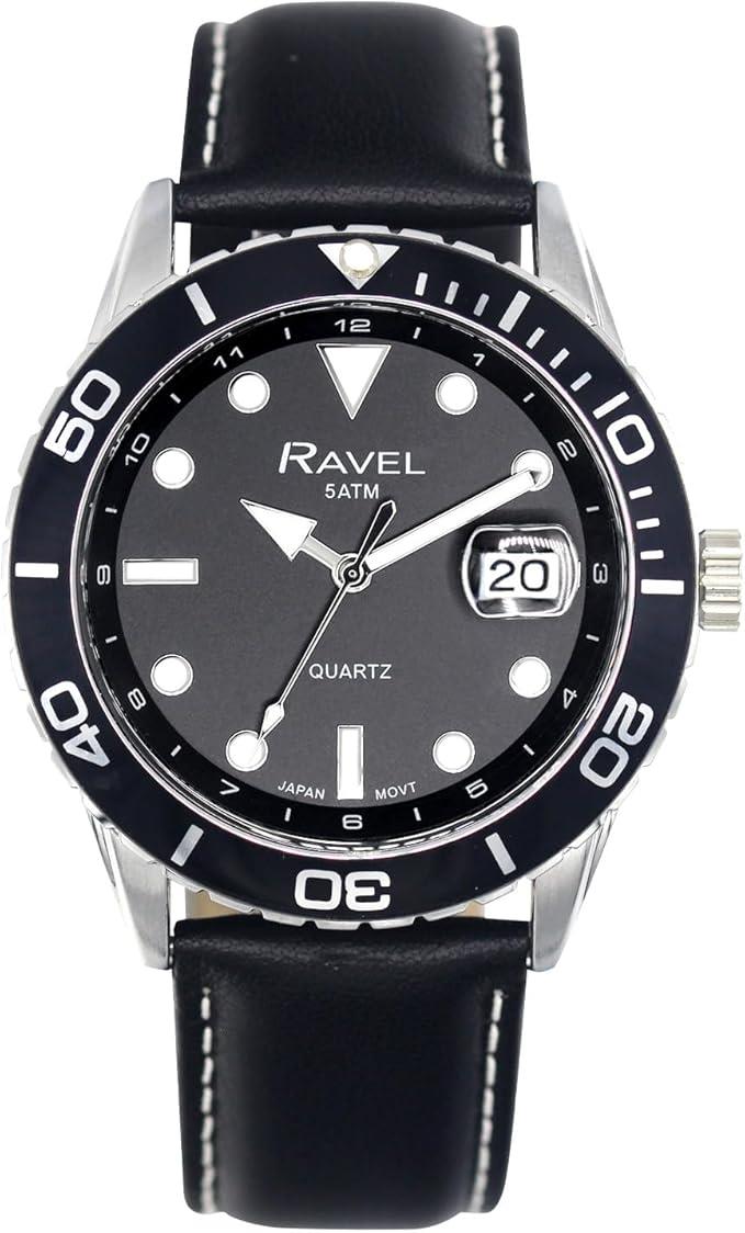 Ravel Mens Fashion Sports 42mm Round 5ATM Dated Dial Rotating Uni-Directional Bezel Black Leather Strap Watch RPD-M Available Multi Colors