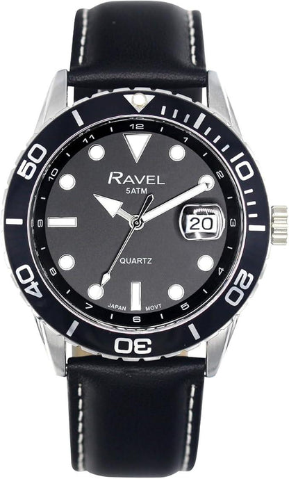 Ravel Mens Fashion Sports 42mm Round 5ATM Dated Dial Rotating Uni-Directional Bezel Black Leather Strap Watch RPD-M Available Multi Colors