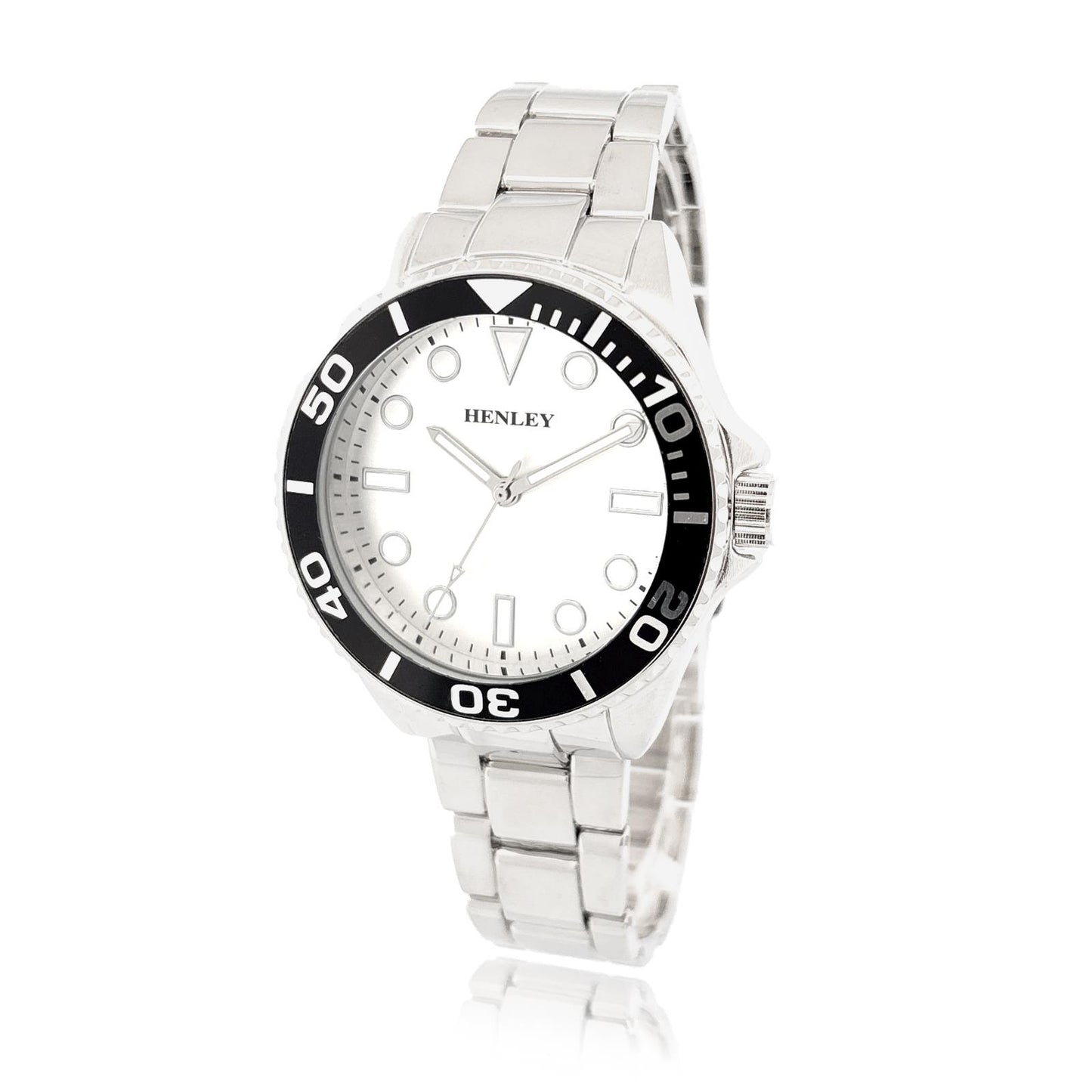 Henley Mens Fashion Round Case Dial with Black Top Ring Silver Plated Bracelet Watch H04002 Available Multiple Colors
