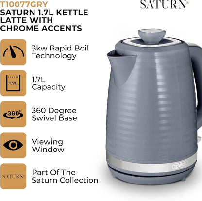 Tower Saturn Electric Kettle with Quick Boil, 1.7L, 3000W, Grey and Chrome Accents