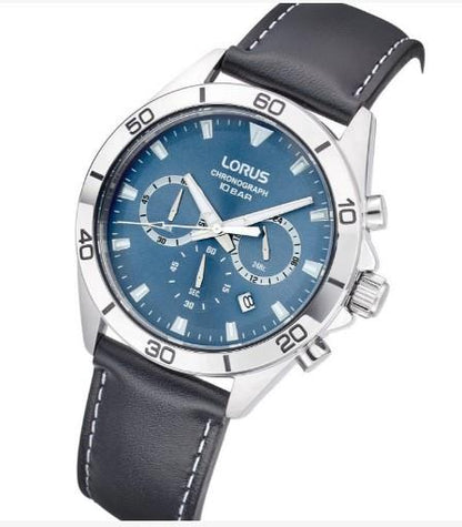 Lorus Mens Fashion Sports Chronograph Date Grey/Blue sunray Dial Black Leather strap Watch RT341KX9