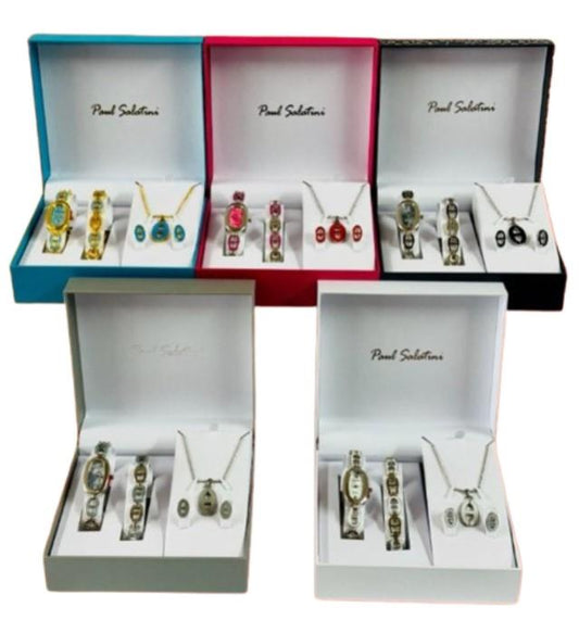 Paul Salatini Ladies Fashion Bling Dial Silver Bracelet Watch Bracelet, Necklace & Earrings Gift Sets 2541