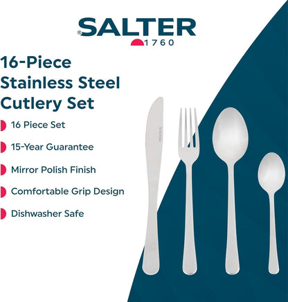 Salter 16Pcs Bakewell 18/0 Stainless Steel Cutlery Set - Forks, Knives, Dessert Spoons & Teaspoons