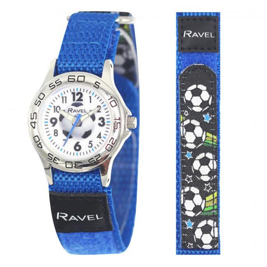 Ravel Childrens White Football Dial Blue Velcro Strap Watch R1507.62