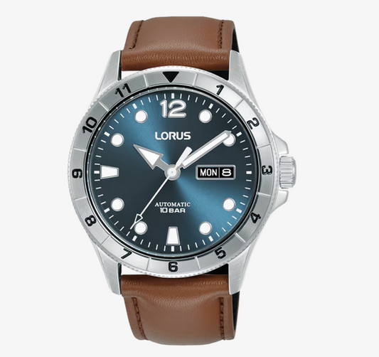 Lorus Men's Sports Automatic (42mm) Greyish Blue Dial / Brown Leather Strap Watch