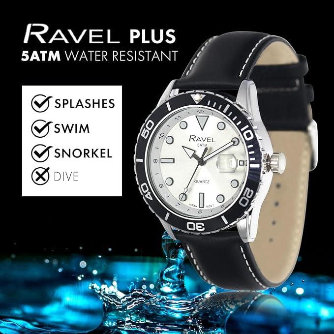 Ravel Mens Fashion Sports 42mm Round 5ATM Dated Dial Rotating Uni-Directional Bezel Black Leather Strap Watch RPD-M Available Multi Colors