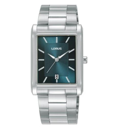 Lorus Mens Basic Fashion Rectangular Date Blue Dial Silver Stainless Steel Bracelet Watch RH935RX9