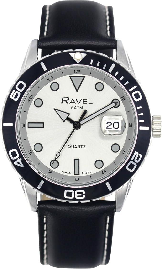 Ravel Mens Fashion Sports 42mm Round 5ATM Dated Dial Rotating Uni-Directional Bezel Black Leather Strap Watch RPD-M Available Multi Colors