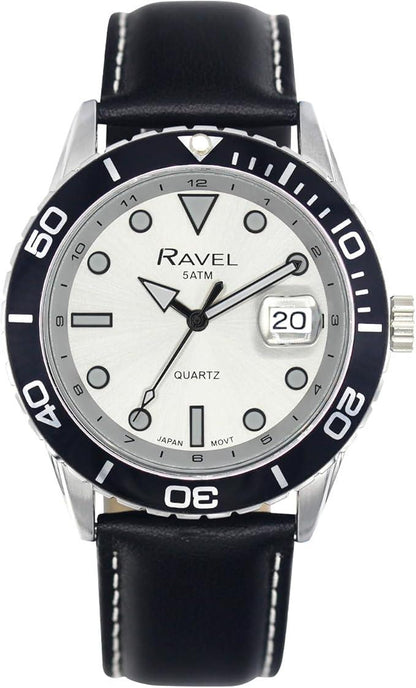 Ravel Mens Fashion Sports 42mm Round 5ATM Dated Dial Rotating Uni-Directional Bezel Black Leather Strap Watch RPD-M Available Multi Colors