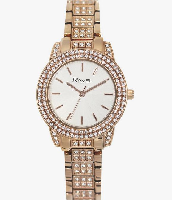 Ravel Plus Ladies Round Cased Stone Set Jewellery Rose-Gold Dress Watch