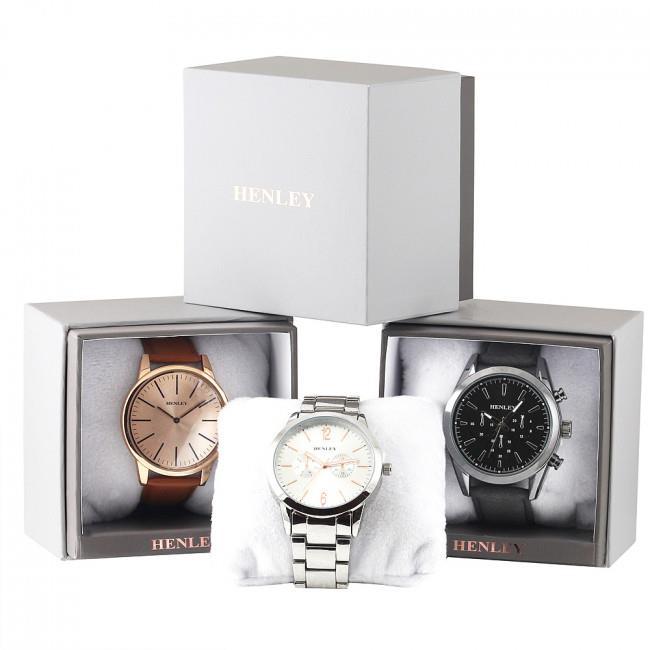 Henley Mens Polished Round Sports Case with Leather Strap Watch H02210 Available Multiple Colour