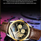 NY London Mens Automatic Hollow mechanical Dial Analogue Gold/Brown Leather Strap Watch