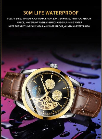 NY London Mens Automatic Hollow mechanical Dial Analogue Gold/Brown Leather Strap Watch