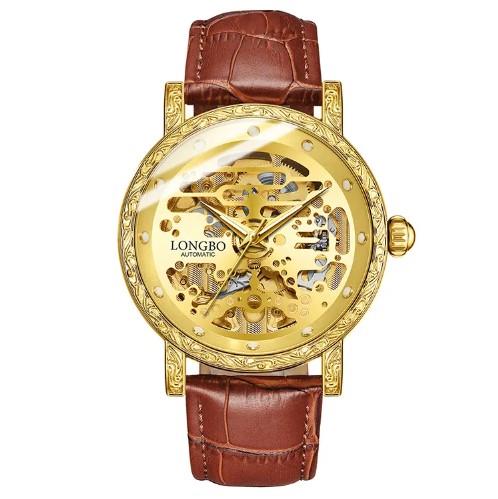 Longbo Mens Automatic Hollow mechanical Dial Analogue Gold/Brown Leather Strap Watch