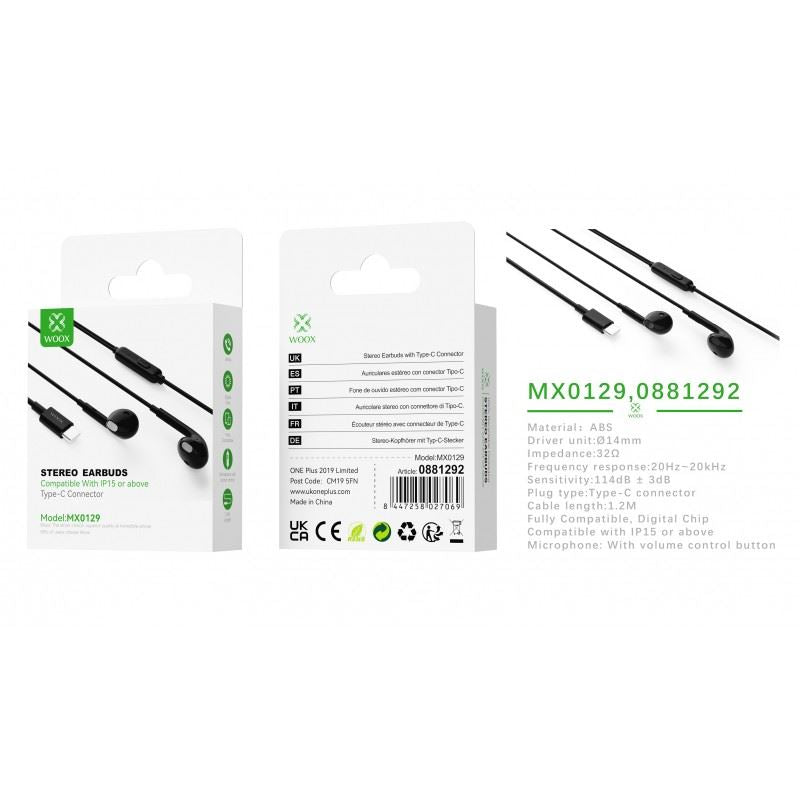Woox Stereo TypeC Earphones with Mic, 1.2m, Black