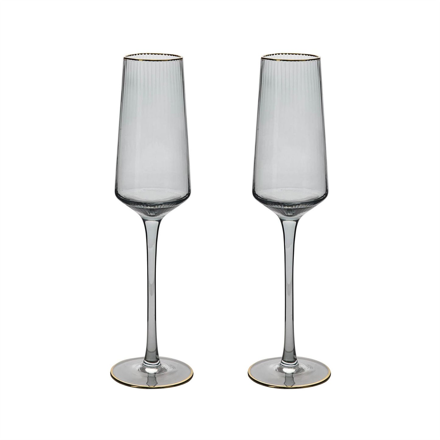 Hestia Set of 2 Grey Glass Champagne Flutes with Gold Rim