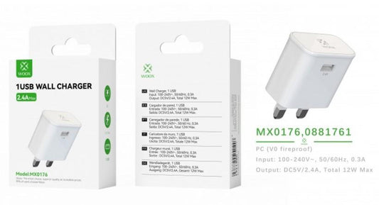 Woox MX0176 UK Folding Pin Single USB 2.4A Wall Charger without cable, White