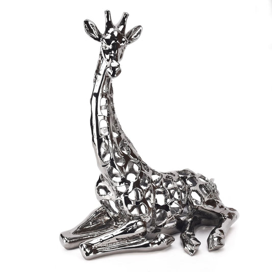 Sitting Silver Hollow Giraffe Figurine 15"