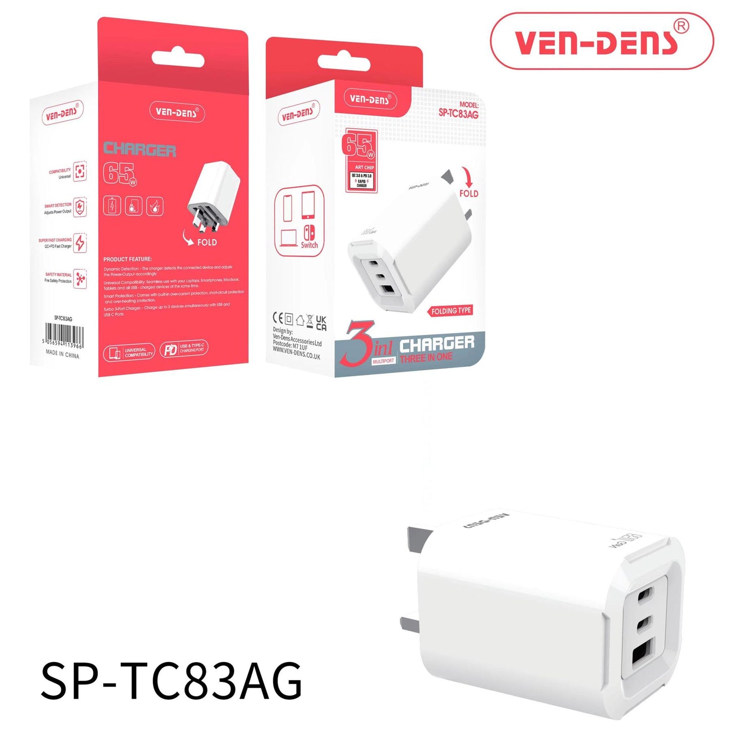 Ven-Dens 65W GaN Charger USB & Type-C 3 in 1 Multi Port Charger Folding Plug