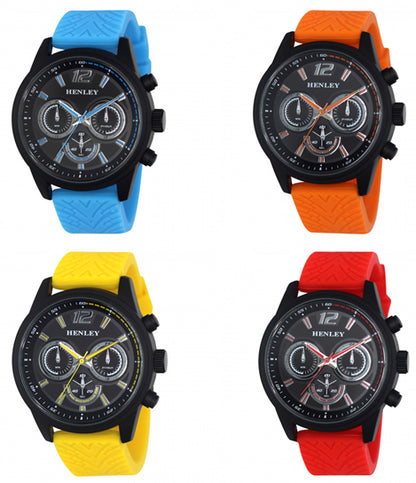 Henley Mens Fashion Multi Eye Black Dial With Sports Large Silicone Strap Watch H02216 Available Multiple Colour