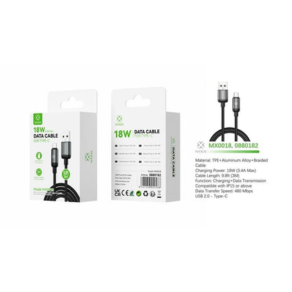 Woox USB to Type C Braided Data Cable, 18W 3.4A Max, 9.8ft 3m, White/Black