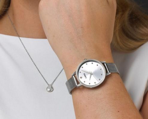 Lorus Ladies Teardrop necklace Bling Silvertone Sunray dial Silvertone Twin Stainless Steel Bracelet Watch Gift Set