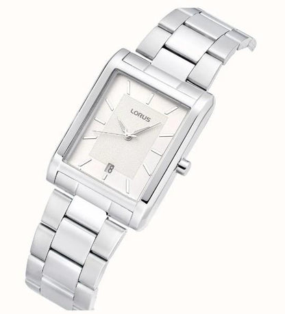 Lorus Mens Basic Fashion Rectangular Date Silver Dial Silver Stainless Steel Bracelet Watch RH937RX9