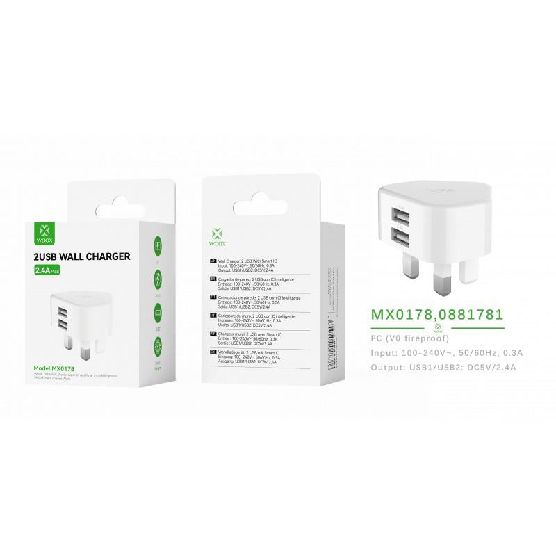 Woox MX0178 UK Dual USB 2.4A Wall Charger, White