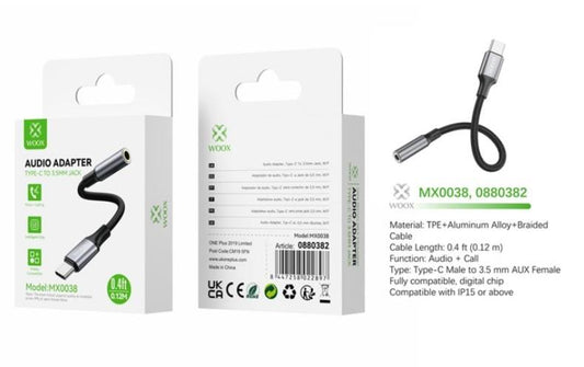 Woox MX0038 3.5mm Aux/F to Type C Braided Direct Connection Audio Cable, 0.4ft 0.12m, Black
