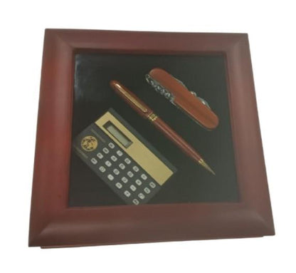 Imperial Mini Calculator & Pocket Knife Set with Wood Matt Brown Gold Trim Ball Pen IMP366 Clock Gift Set - CLEARANCE NEEDS RE-BATTERY & Refill