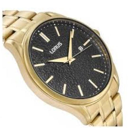 Lorus Mens  Basic Fashion Date Black Dial Gold Plated Stainless Steel Bracelet Watch RH934QX9